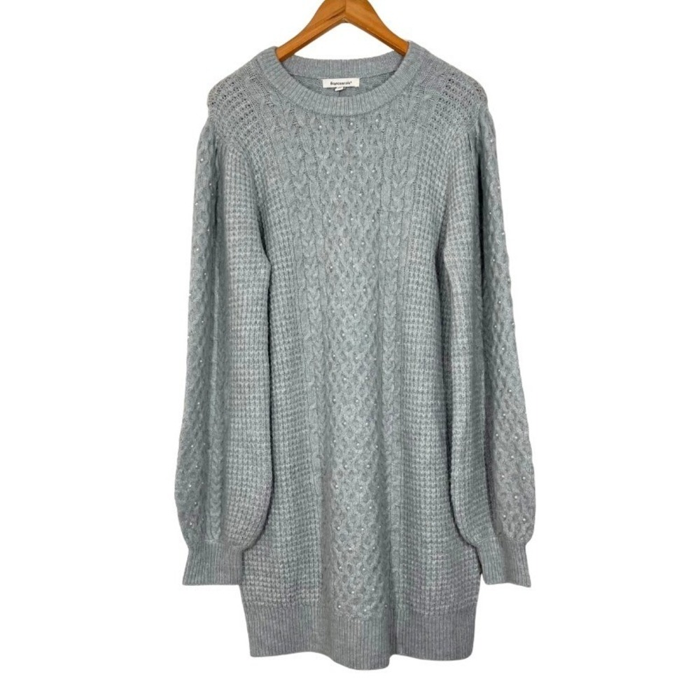 Francescas Gray Cable Knit Pearl Puff Sleeve Sweater Dress SAN2020-VS L